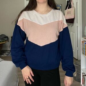 Pink, white, and navy blue lightweight crewneck sweater